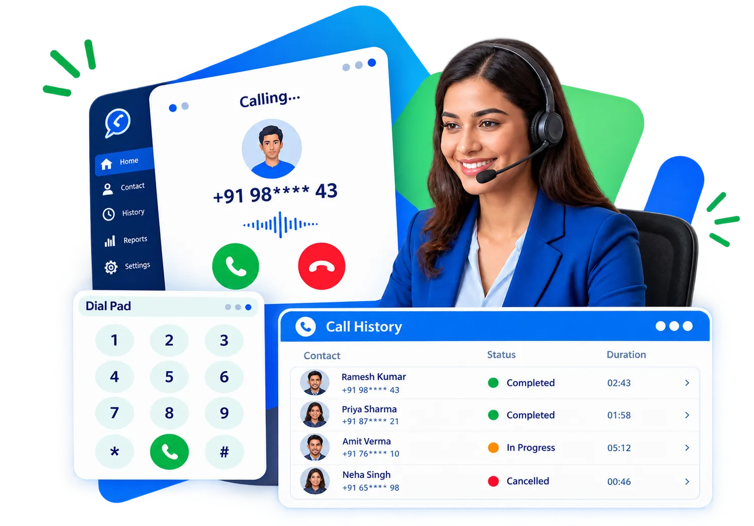 Dialer Solutions — agent dashboard with live calls and lead management